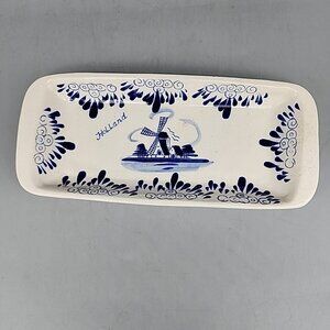 Vintage Delft Windmill Tray Blue Flowers Hand Painted Ceramic 7.5x2.5"